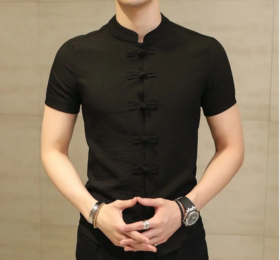 Summer Chinese style button solid color short sleeved mens Korean version fashionable casual T-shirt 250402