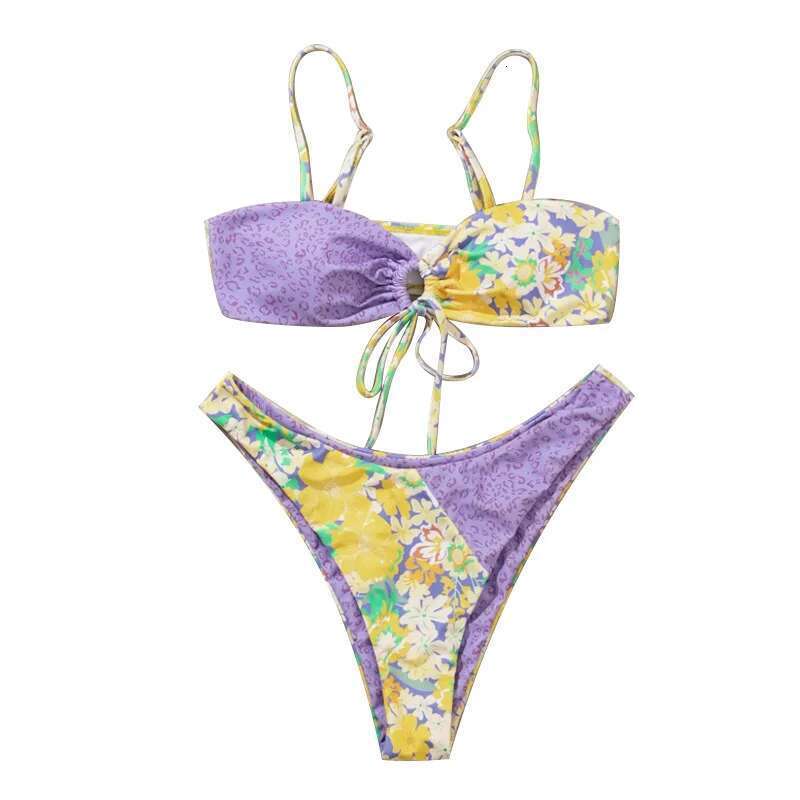 Purple Patchwork Print Women's Swimsuit,2024 Summer New Micro Bikini Set,Lace-up Suspender Backless Bathing Suit,Bathing Suit