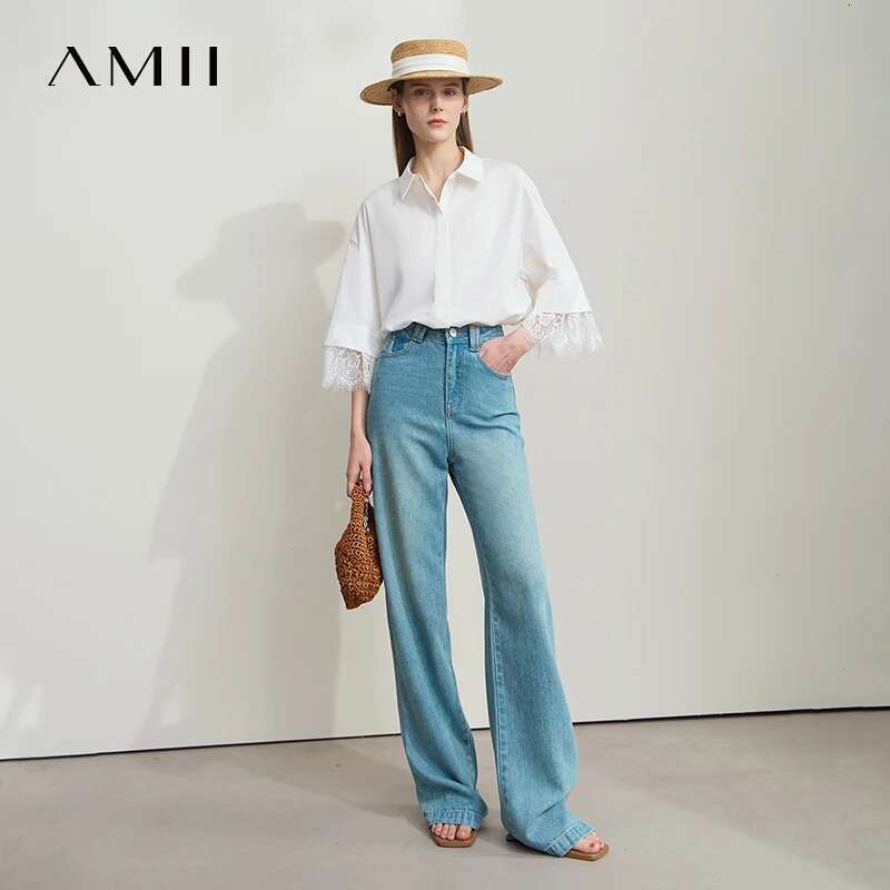 Amii Minimalist Cotton Shirts for Women 2025 Summer New Solid Lapel Shoulder Half-sleeve Lace Splicing Loose Tops 12542096