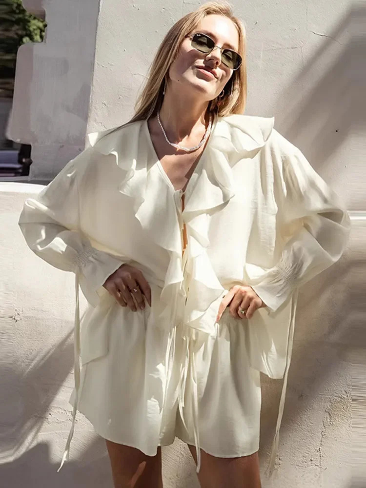 Summer holiday long sleeved pleated lace chiffon shorts set for womens casual V-neck solid loose shorts set womens clothing 250402