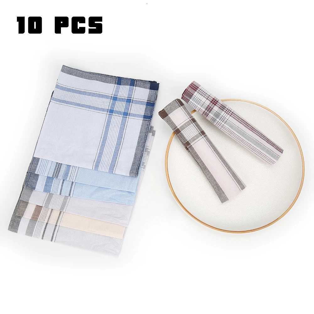 10Pcs Cotton Handkerchiefs Soft Stripe Checkered Pattern Pocket Square Hankies Gentleman for Men Cotton Wedding Suit Handkerchie 250403