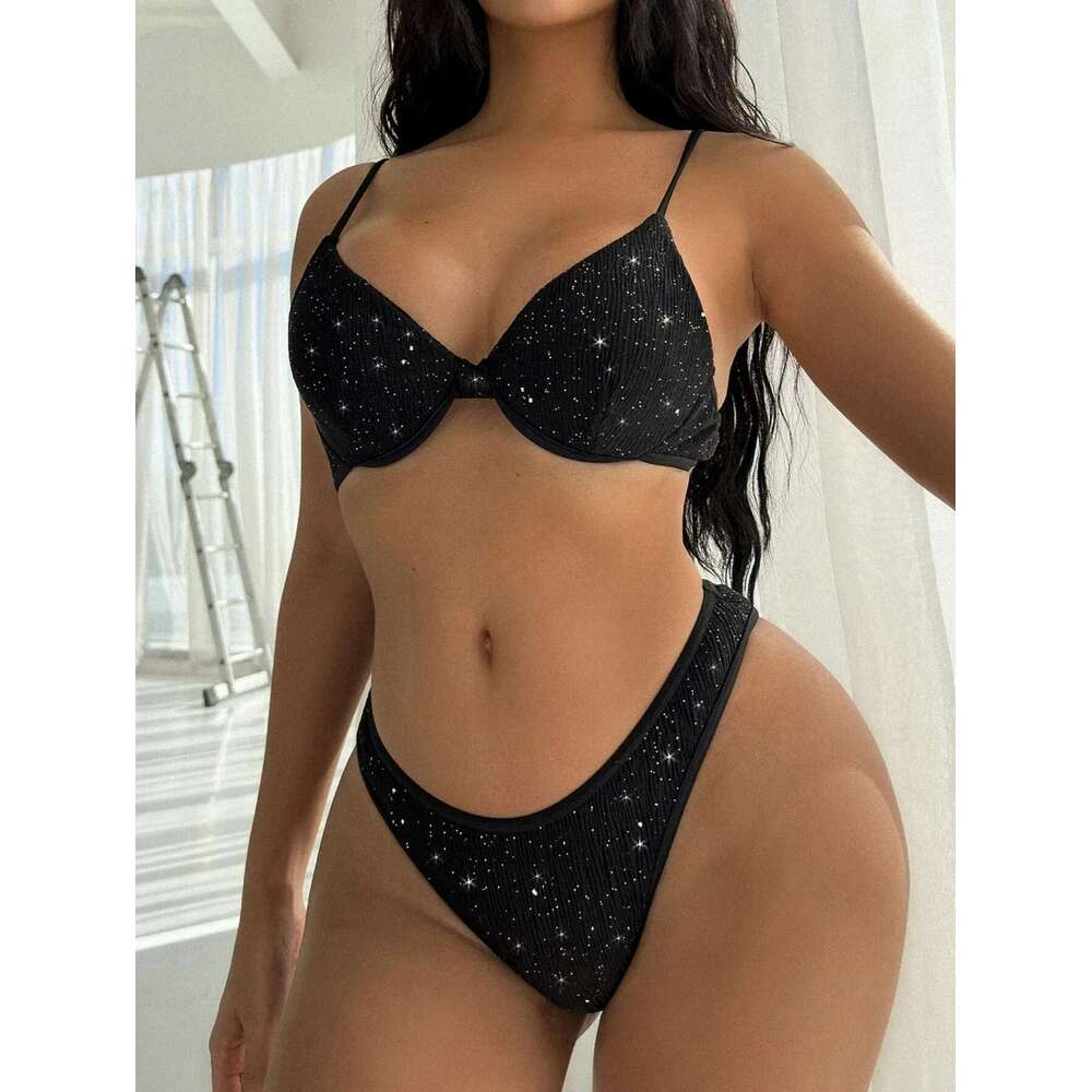 Swimsuit Women 2024 Black Shiny Bikini Sexy High Waist 2 Piece Swimwear Steel Support Female V-neck Beach Bathing Suit YX1378X