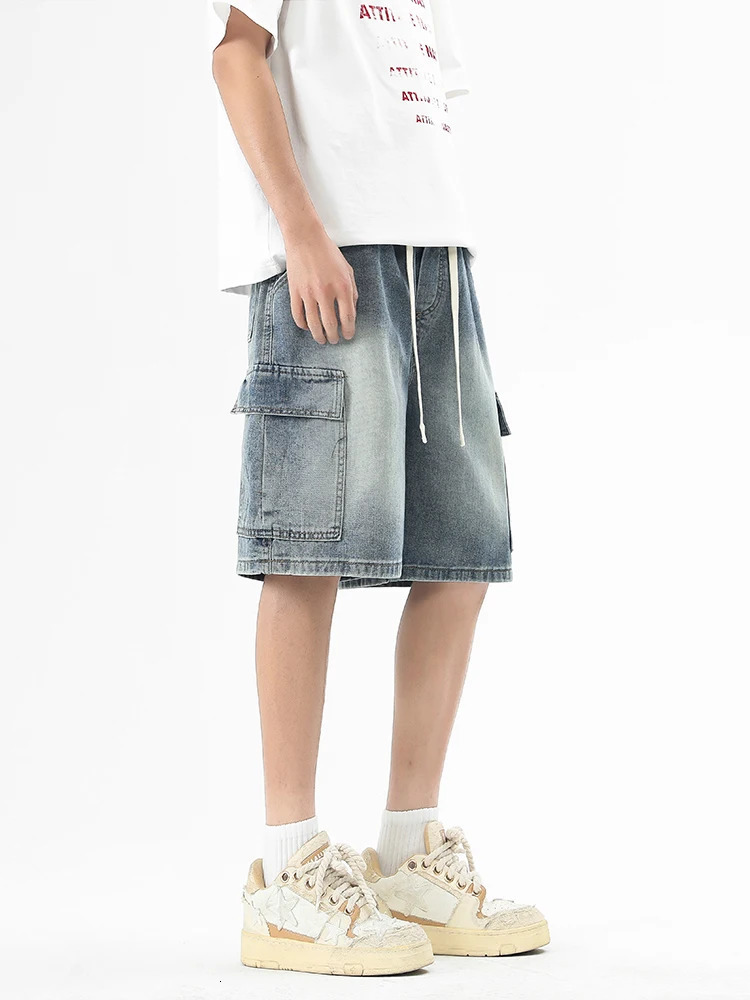 Summer mens denim shorts Korean fashion streetwear wide leg straight casual loose jeans 250401