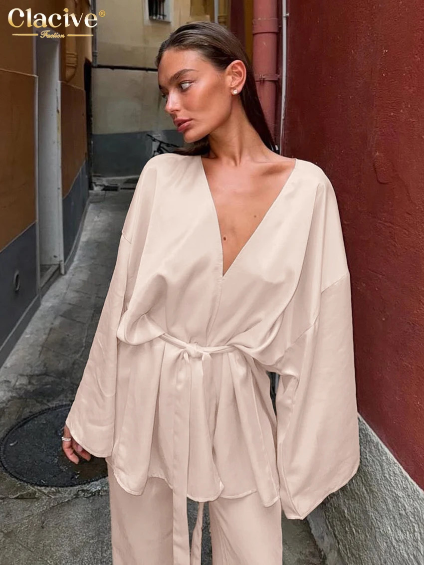 Clacive casual loose beige satin womens two-piece set elegant long sleeved lace pantyhose set 250402