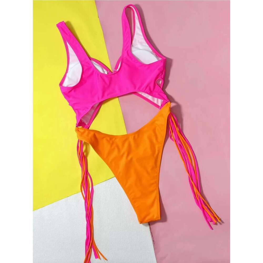 2025 Rose Red Patchwork One Piece Swimsuit Women,high Waist Thong Hollow Out Lace-up Backless Bikini,summer Monokini Swimwear