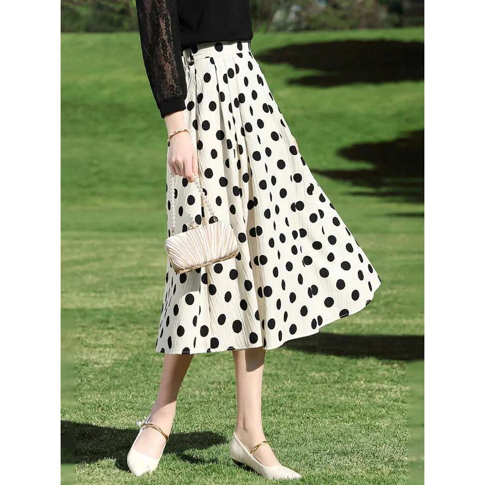 Retro High A-E Polka Dot 2025 Spring Back Elastic Waist Midi Pockets Elegant Skirt