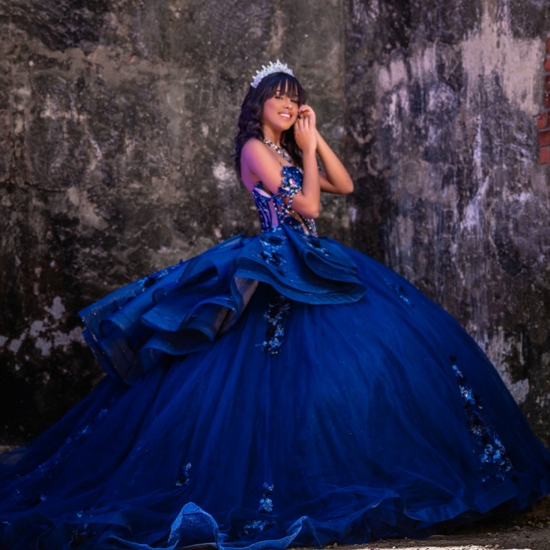 Royal Blue Shiny Princess Quinceanera Dresses Off Shoulder Appliqued Lace Beads Tull Sweet 16 Dress Ball Gown Vestidos De XV 15 Anos