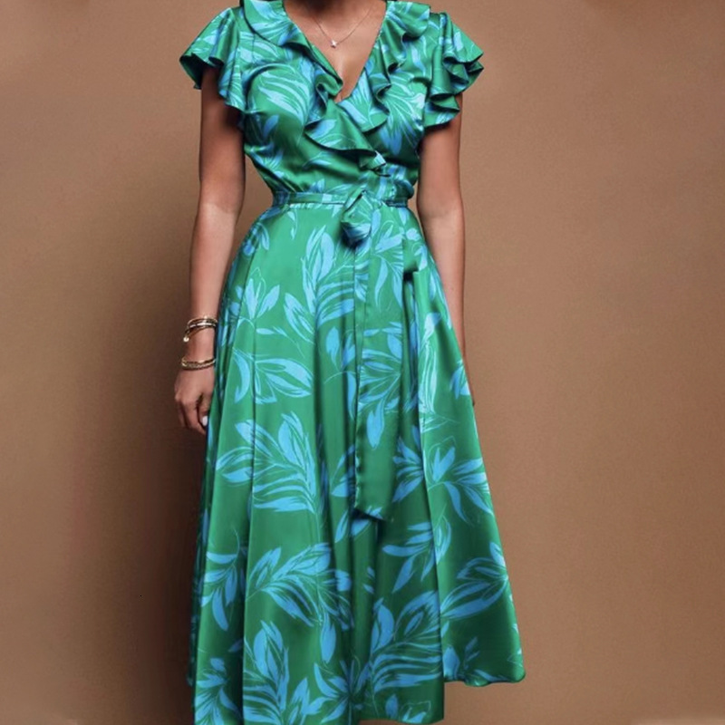 2025 Spring New Trendy Womens Style Printed V-neck Bubble Sleeves Leaf Fold Waist Split Dress