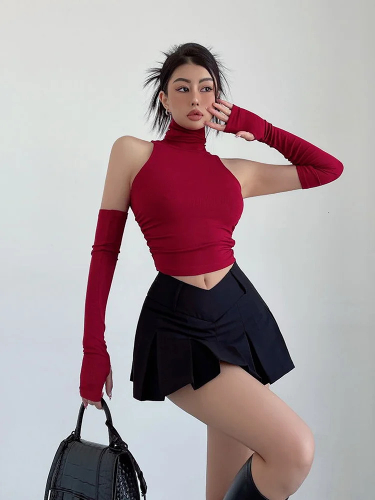 Spring and summer top sexy vest spicy girl sleeves high neck pleated club crop top womens t-shirt tight fitting streetwear Y2k 250403