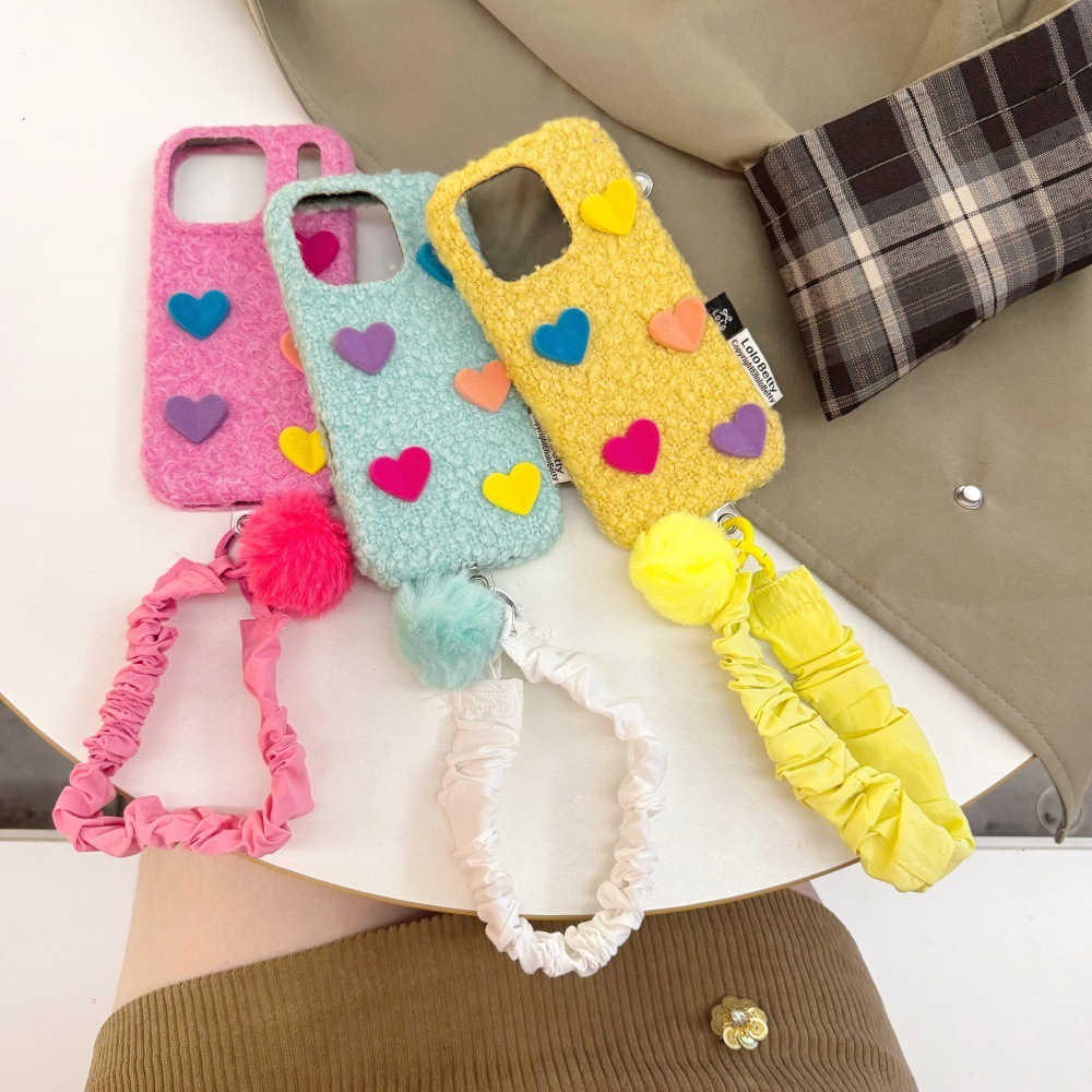 3D Colorful Heart Plush Phone Case Compatible with iPhone 17/16 Personalized Solid Color iPhone 15/14 Pro