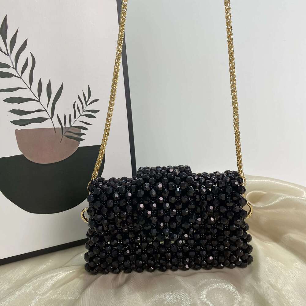 Acrylic Hand Woven Beaded Small Square Messenger Bag Handmade Box Vertical Mini Dinner Evening Crossbody Bags Purse Metal Chain