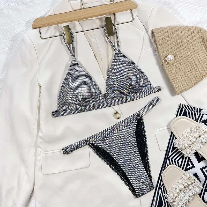 Gold glitter swimsuit women 2023 shiny two piece bikini sexy V-neck suspender swimwear high waist ackless bathing suit XMC185W