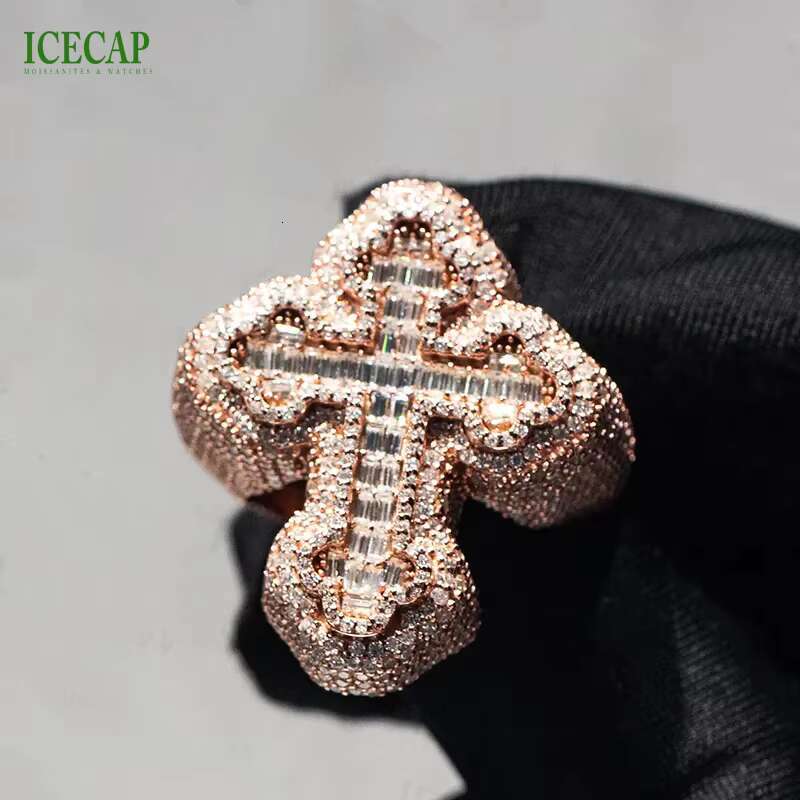 Fine Jewelry Designer Rings Rose Gold Plated 925 Sterling Sliver Ring VVS Moissanite Diamond Custom Cross Hand Ring Set for Men