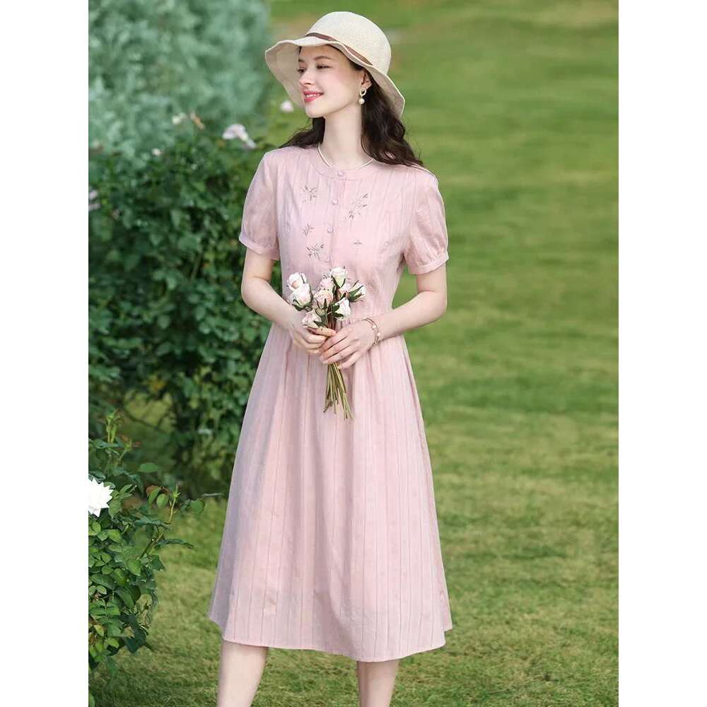 Women Dresses Summer Pink Embroidery Short Sleeve New Elegant Retro Slim Midi A-E Chic Dress
