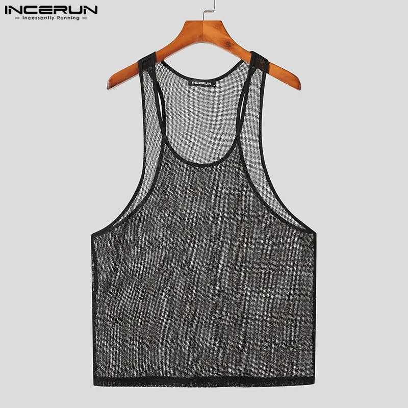 INCERUN Mens Tank Top Mesh Transparent O-Neck Sleeveless Sexy Street Vest Summer Breathable Mens Clothing S-5XL 250403