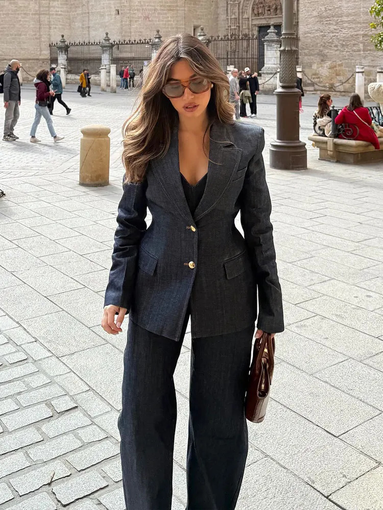 TRAFZA Womens Street Fashion Denim Set Collar Button JacketZipper Flying CorsetWide Leg Jeans Retro 250403