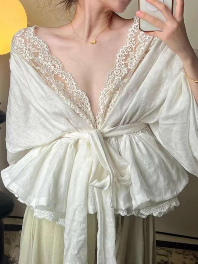 Sexy Lace Patchwork Women Blouses Korean Temperament Lady Tops 2025 Camisas De Mujer V-Neck Bandage Fashion Sweet Blouse Shirts