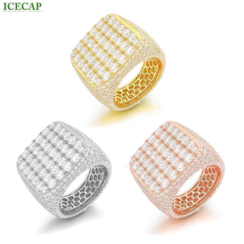 Hip Hop Style Custom White/Yellow/Rose Gold Color 925 Silver Rings Pass the Diamond Test Round Moissanite Iced Out Ring for Men