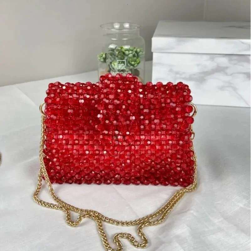 Acrylic Hand Woven Beaded Small Square Messenger Bag Handmade Box Vertical Mini Dinner Evening Crossbody Bags Purse Metal Chain
