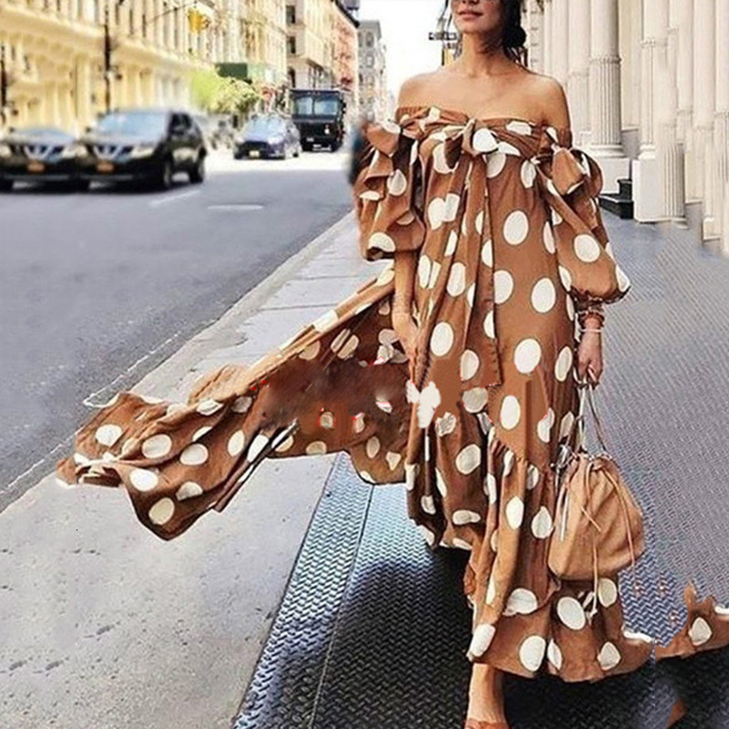 2025 Womens Dress with Off Shoulder Polka Dot Casual Bohemian Long Dress