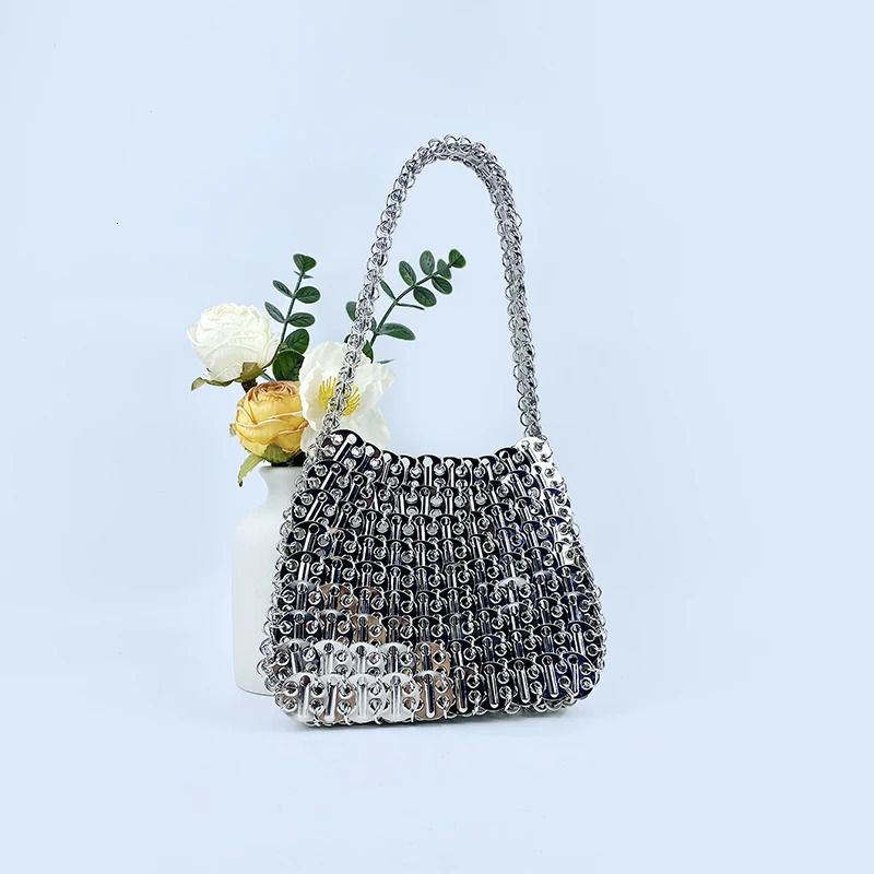 Shiny vintage iron sheet bag hand-woven silver sequins metal dumpling bag mobile phone bag handbag shoulder bag 251106