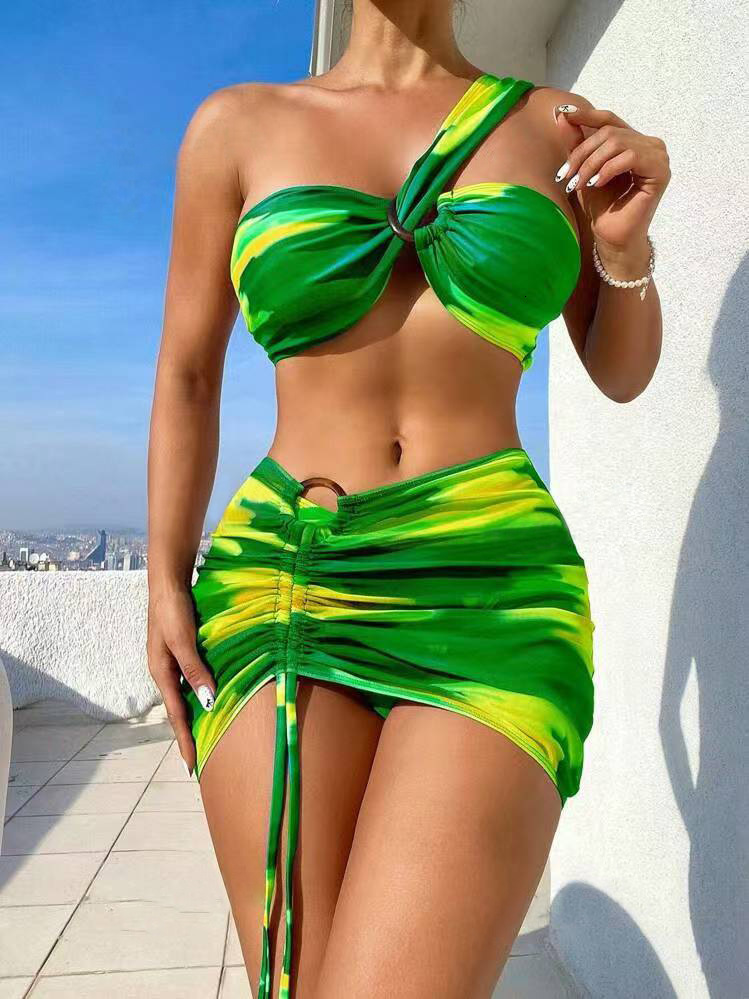2025 new tie dye printed multi-color split bikini sexy drawstring short skirt three piece swimsuit set