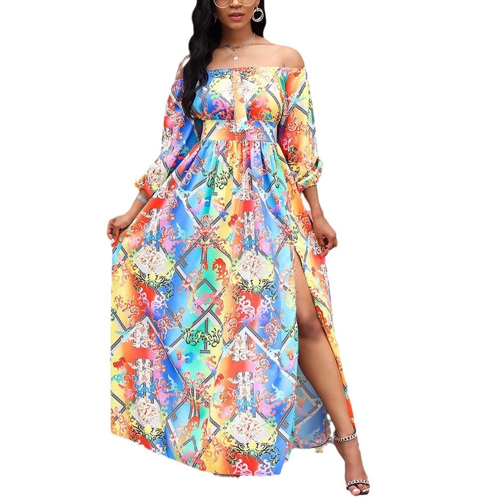 2025 New Product Dress Printed V-neck Long Sleeve Large Swing Split Skirt