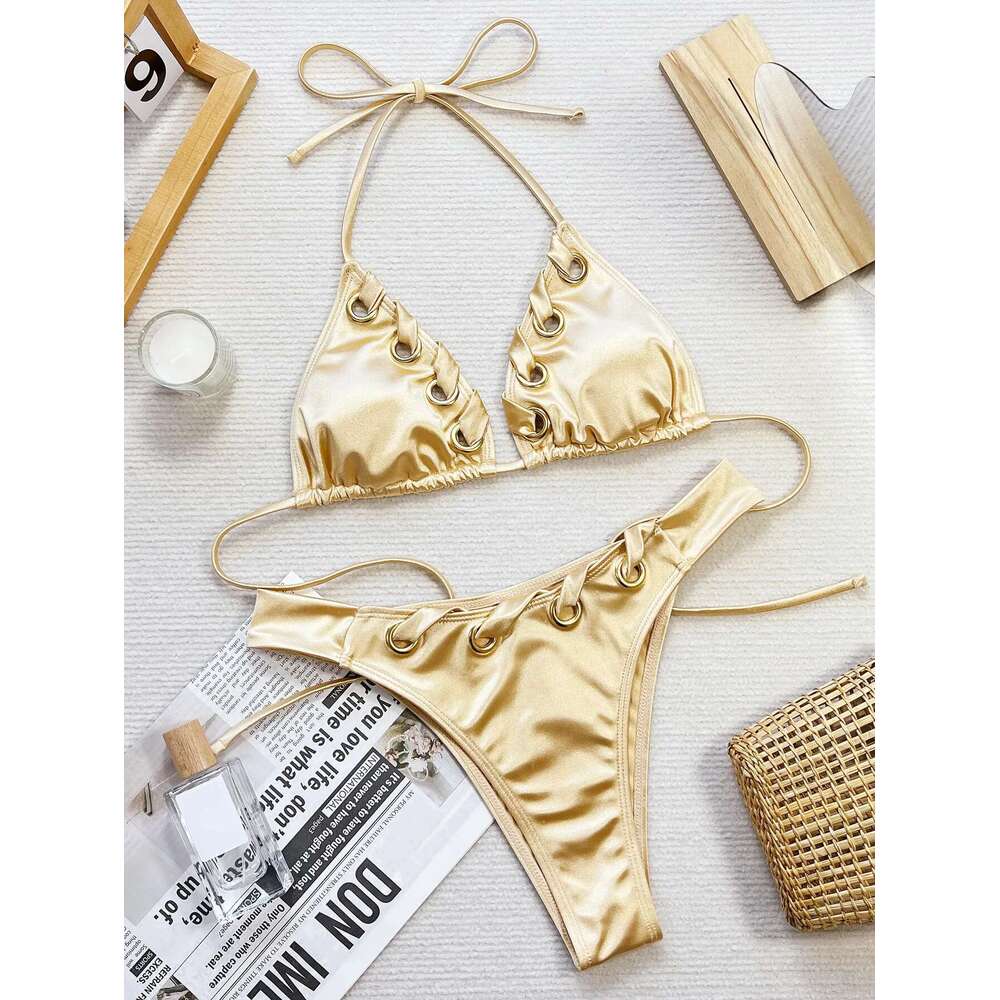 Solid Color Perforated Bikini Set Women Sexy Golden 2 Piece High Waist Swimsuit V-neck Suspender Halter Backless Swimwear 2024