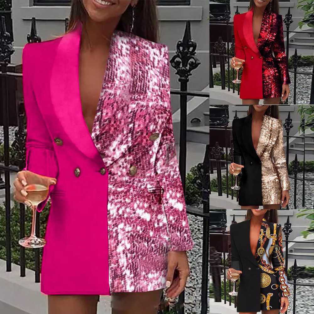 2025 New Two-color Spliced Printed Small Suit Sexy Deep v Casual Banquet Party Short Skirt