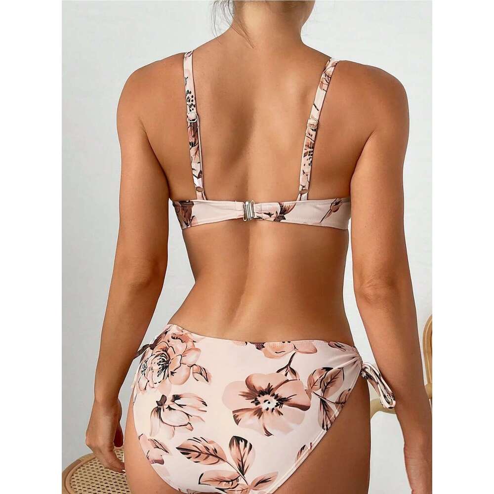 Women's wer Print Two Piece Swimsuit High Waist Lace-up V-neck Bikini Set Bow Suspender Backless Beach Vacation Swimwear 2024