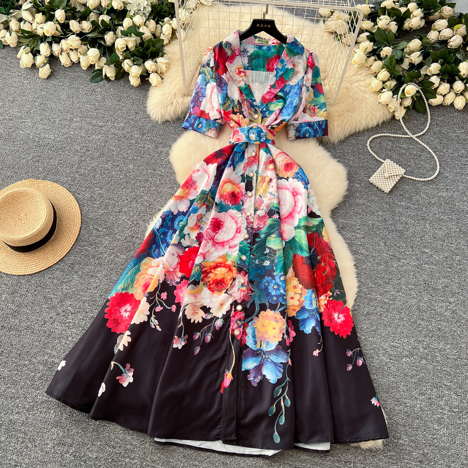 2025 Casual Dresses Summer Gorgeous Flower Runway Dress Women's Notched Short Sleeve Pearl Buttons Down Floral Print Belt A-Line Long Maxi Vestid