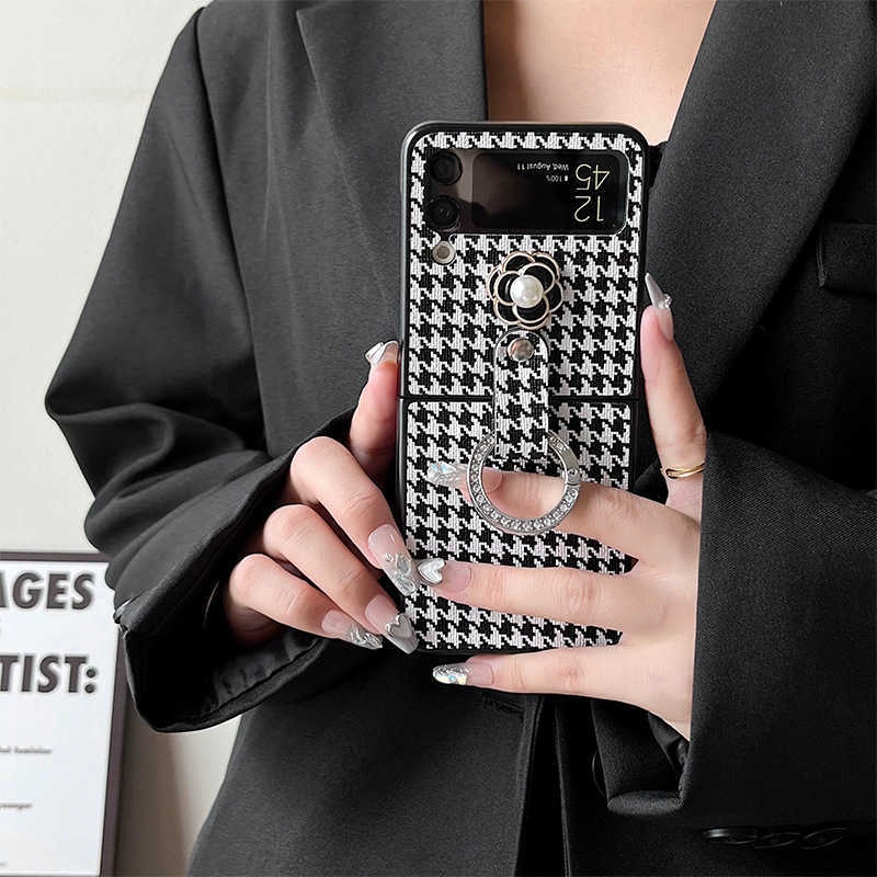 Foldable Screen Flip Phone Case Compatible with ZFlip4 Camellia ZFlip7 Rhinestone Ring Holder Socialite Style J251202