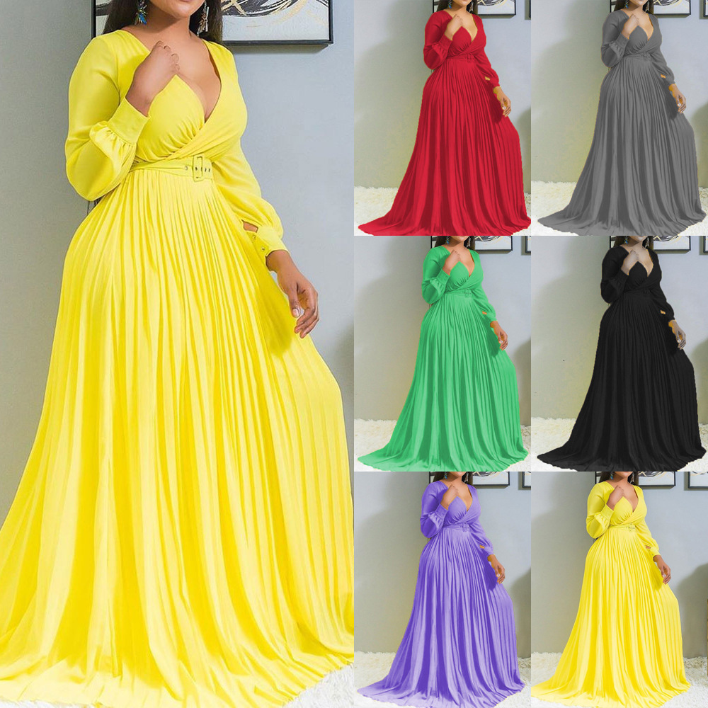 2025 Plus Size Womens Deep V-cross Pleated Front Chest and Lower Skirt Solid Color Pleated Big Swing Dress