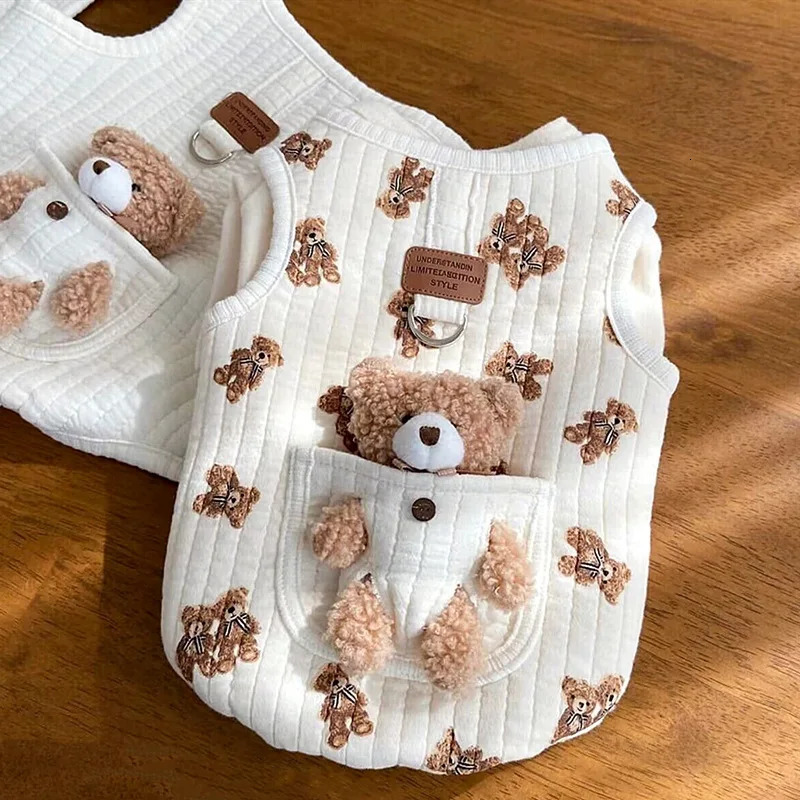 Winter INS Cotton Dog Clothes Pocket Little Bear Cotton Jacket Vest Chest Back Pet Dog Cat Warm Printed Bear Sleeveless 250402