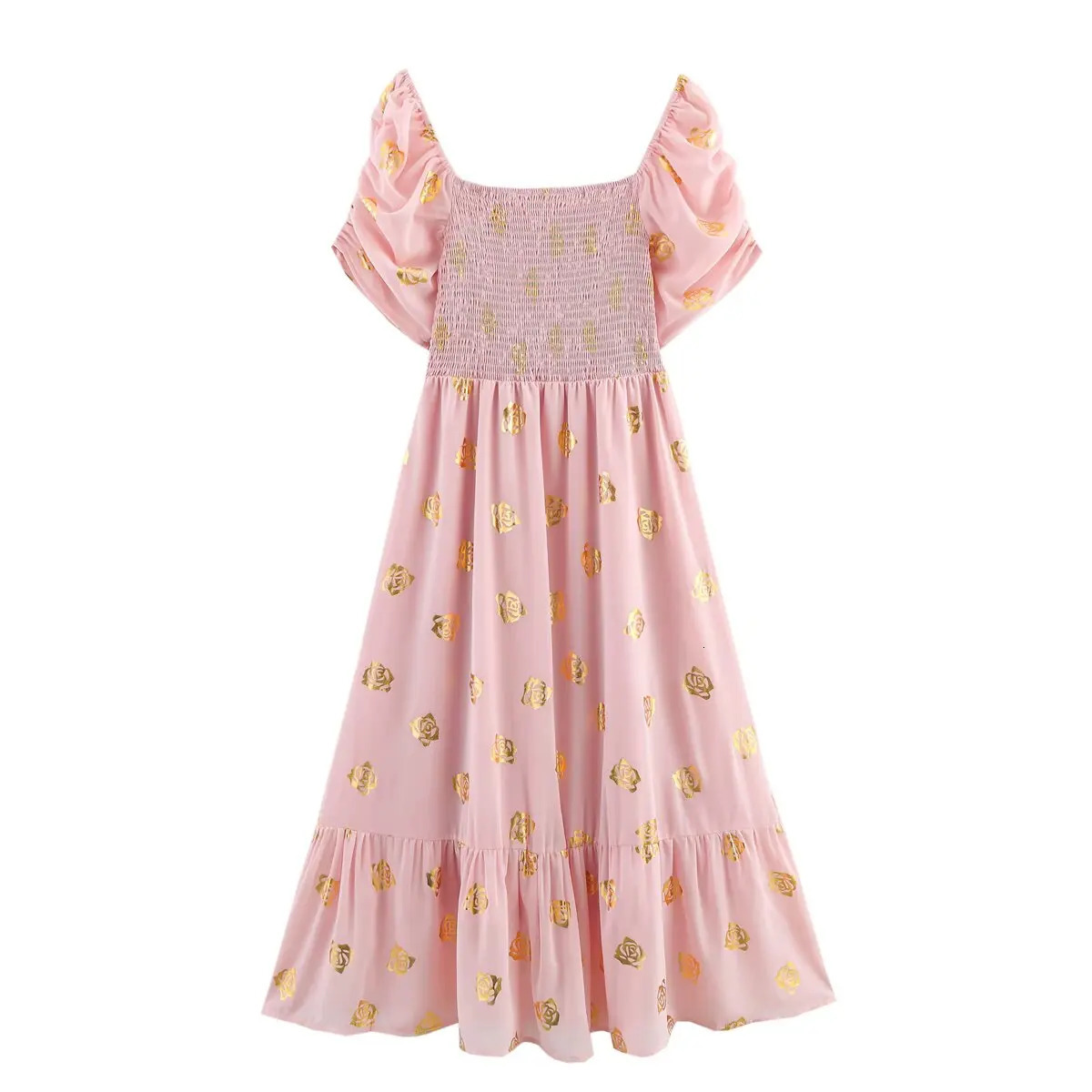 square neck puff short sleeved womens clothing for smoking body rose print summer lace up skiing 250401