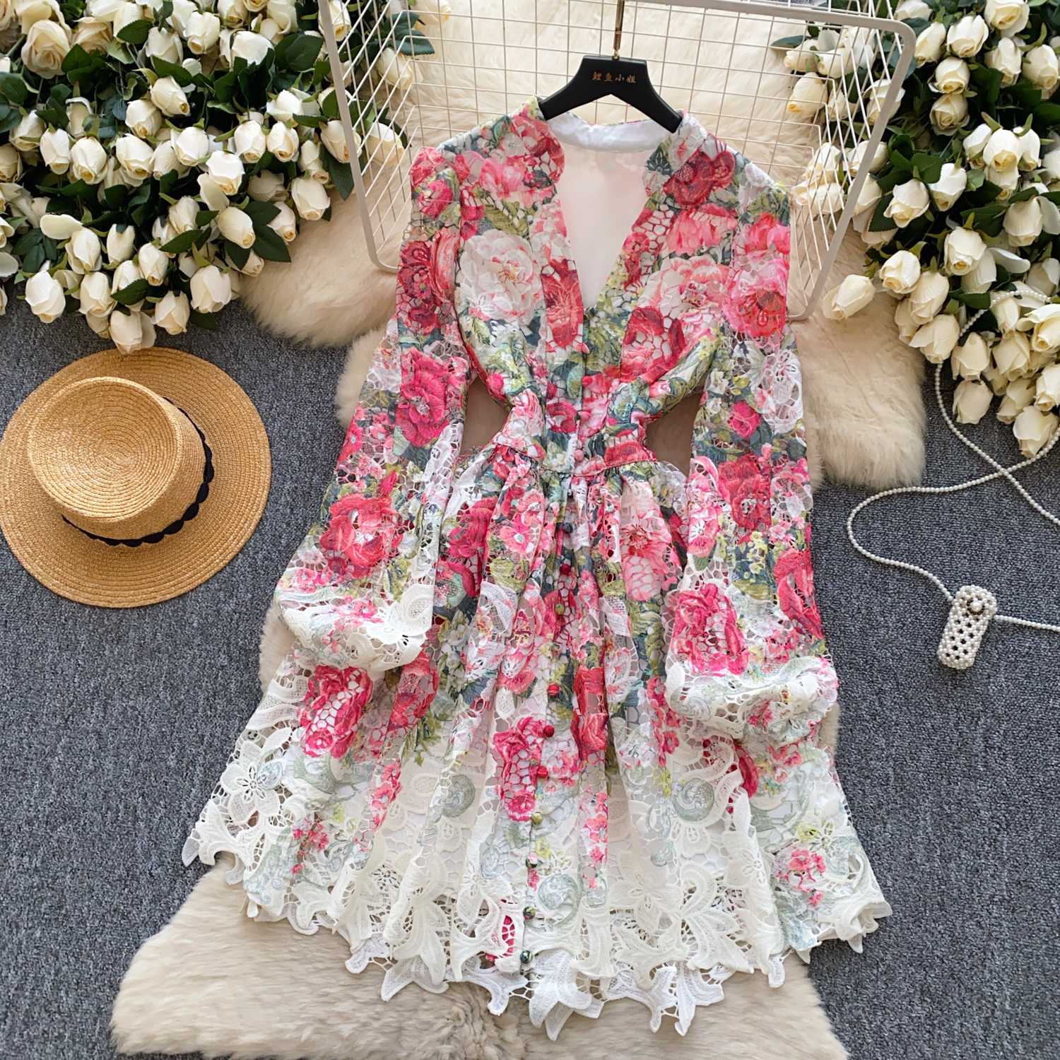 Casual Dresses Summer Spring Holiday Crochet Lace Embroidery Hollow Out Floral Print Mini Dress Women's V-Neck Long Lantern Sleeve Lace Up Clothi
