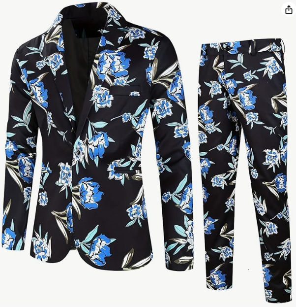 Mens digital printed casual one button suit set top and pants
