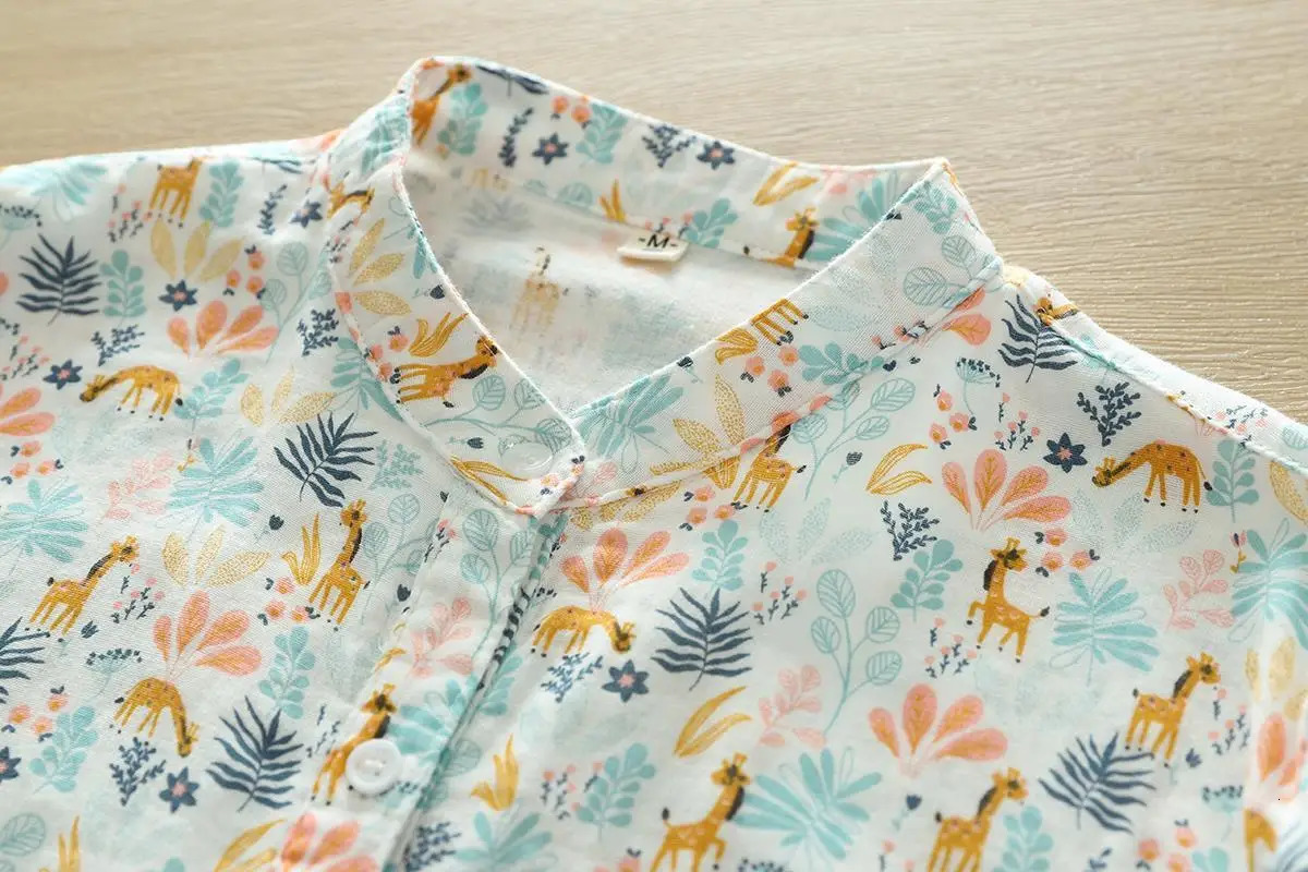 Double-layer Cotton Tulle Long-sleeved Shirt for Women Fresh Printed Small Stand Collar Soft Breathable Top 250402