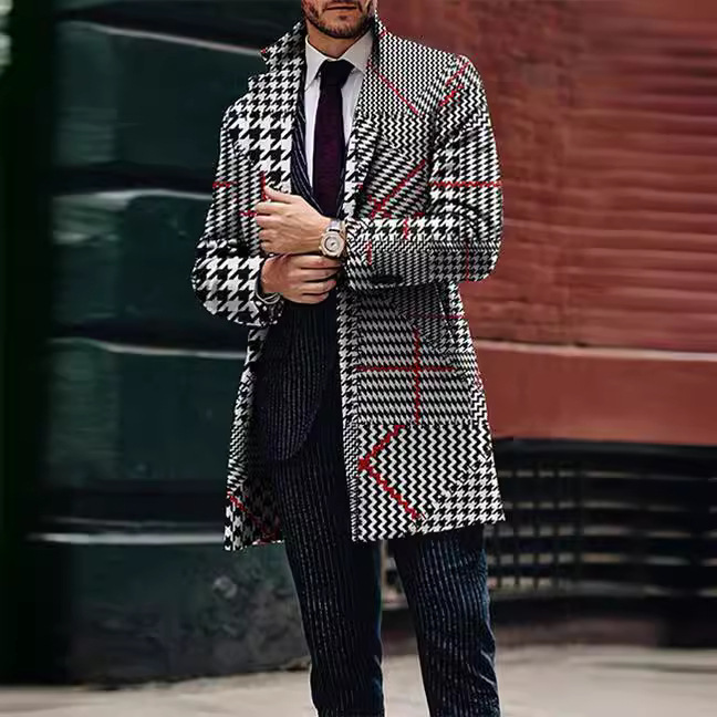 2025 Spring New Mens Casual Printed Woolen Medium to Long Coat Mens Woolen Coat Mens Woolen Coat Mens
