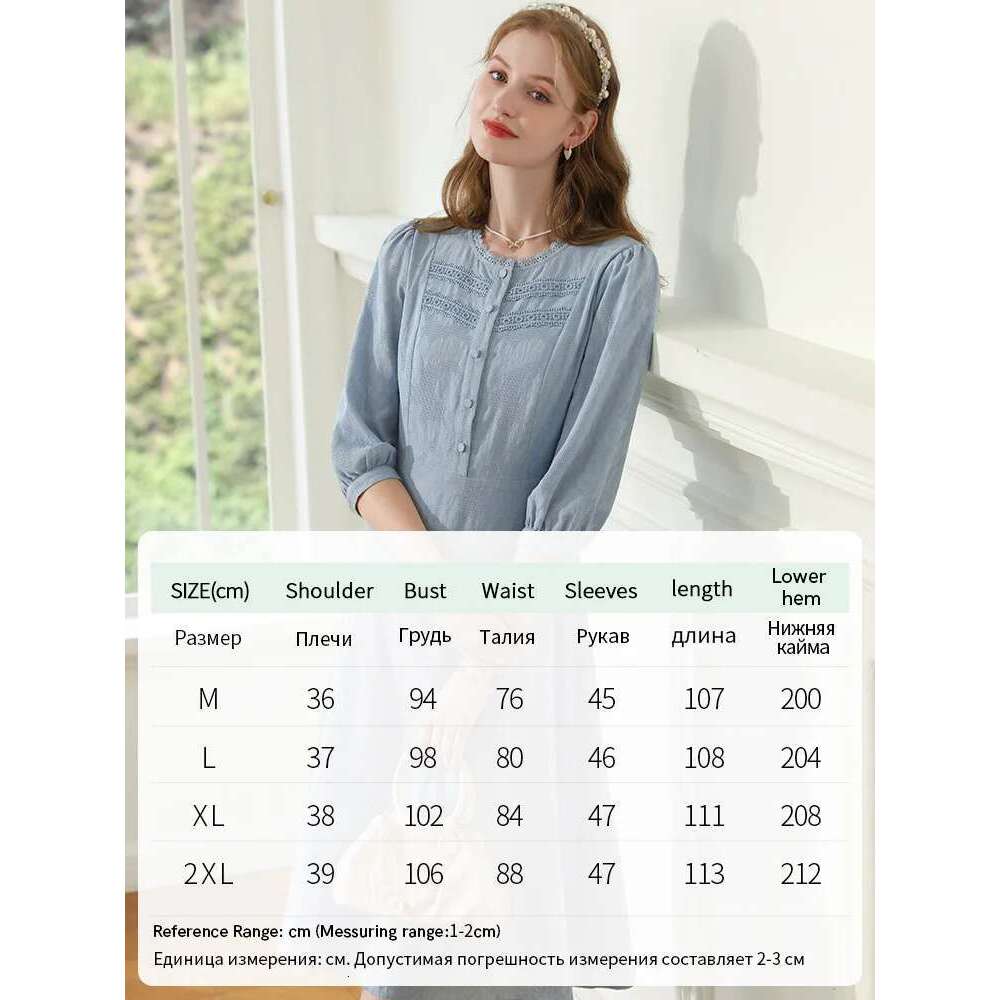 Blue French Dresses For Women Lace Collar Seven Lantern Sleeve Cotton Spring New A-E Lady Dress