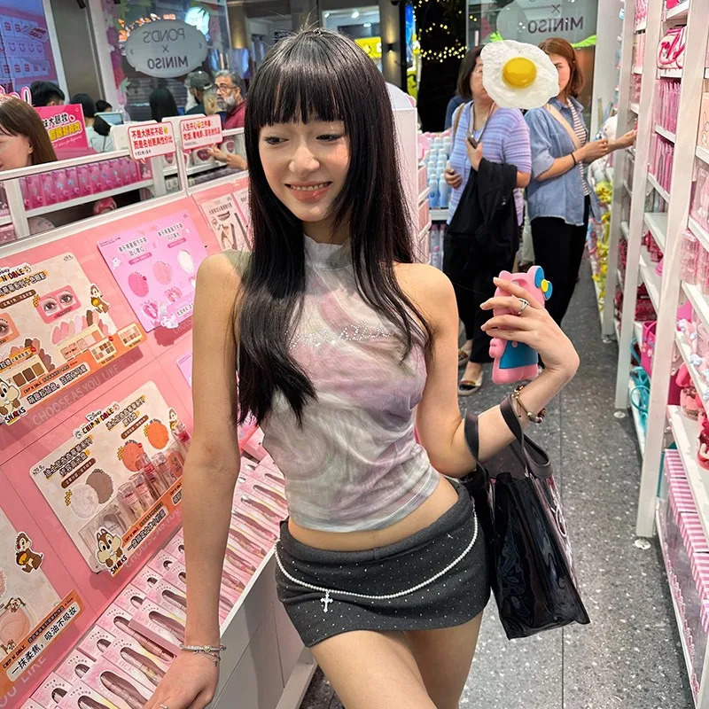 Y2K mesh printed vest womens Harajuku tie dye backless crop top retro 2000S diamond tank Korean tank top 250402