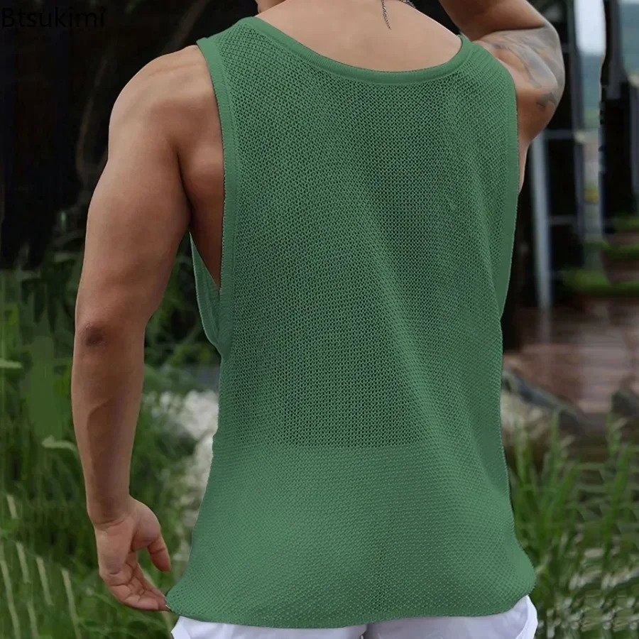 mens summer knitted vest fashion O-neck sleeveless knitted top mens casual loose hollow vest mens clothing 250403