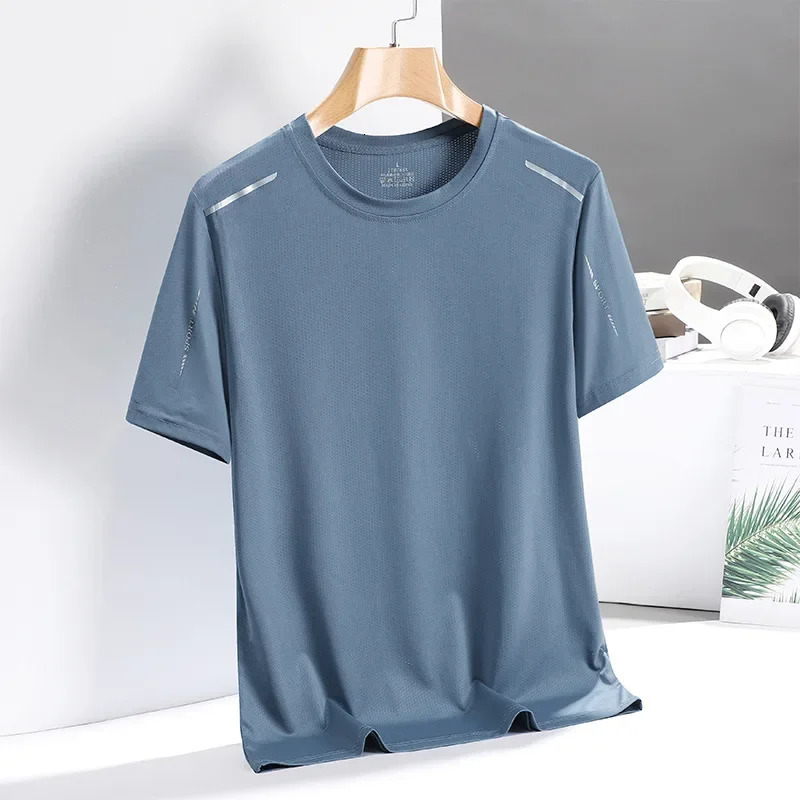 Summer ice silk short sleeved mens thin round neck bottom shirt quick drying sports and casual mens T-shirt 250402