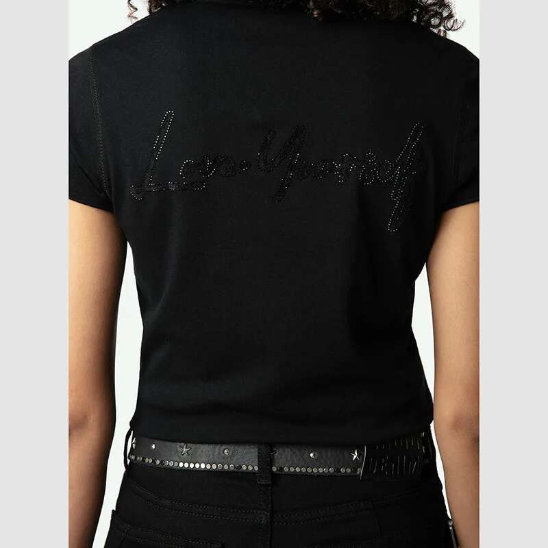 Spring And Summer New French Niche ZV Back Letter Plush Print U-Shaped Collar Black Women's Short Sleeved T-Shirt