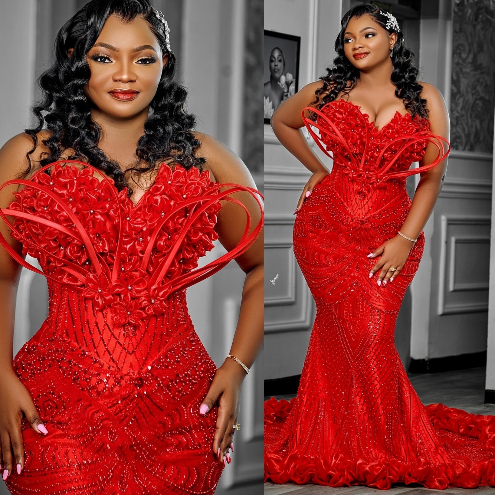 Red Mermaid Prom Dresses 2026 Beaded Flowers Sequined Sparkly Evening Formal Party Second Birthday Engagement Gowns Plus Size Dress For Special Occasi