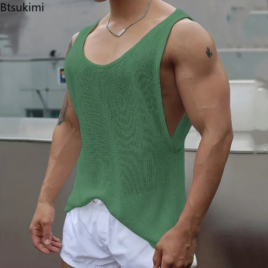 mens summer knitted vest fashion O-neck sleeveless knitted top mens casual loose hollow vest mens clothing 250403