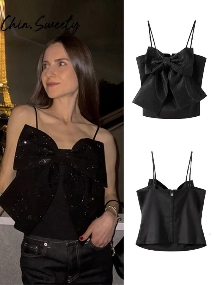 Sweet sequin bow womens suspender top sexy sleeveless free zipper womens vest top spring womens street clothing 250403