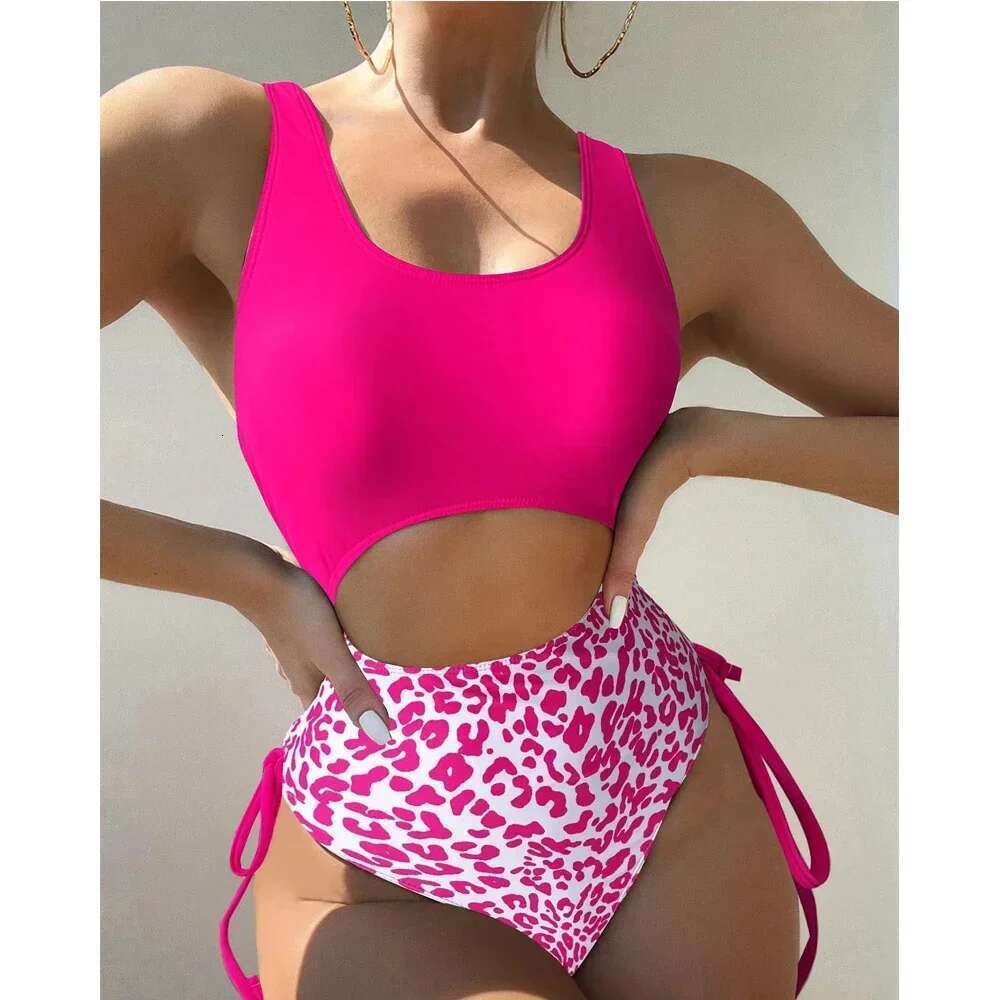 2024 Leopard Print Bikini High Waist One Piece Swimsuit for Women Sexy Hollow Out Swimwear Summer Beach Vacation Monokini New
