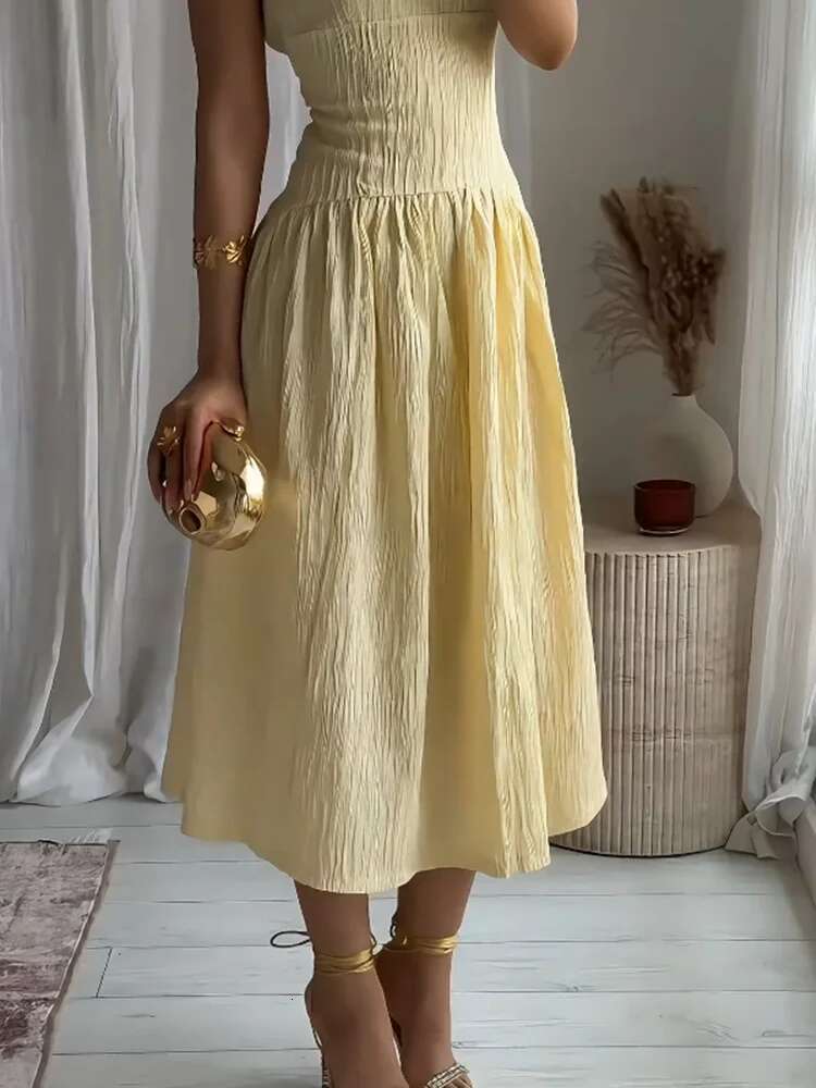 2025 RARA Summer New Arrival Ladies Textured Midi Casual Temperament Elegant Square Neck Slim Dress