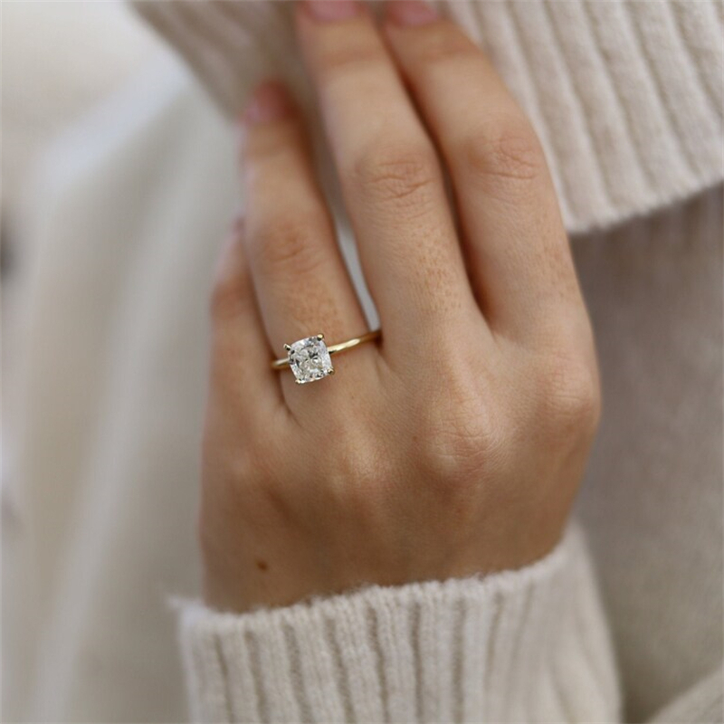 Fine Jewelry Real Yellow Gold 14K 18K 1.5 Carat Cushion Lab Diamond Engagement Solitaire Ring For Women E VS1 CVD HPHT Diamond Wedding Womens Ring